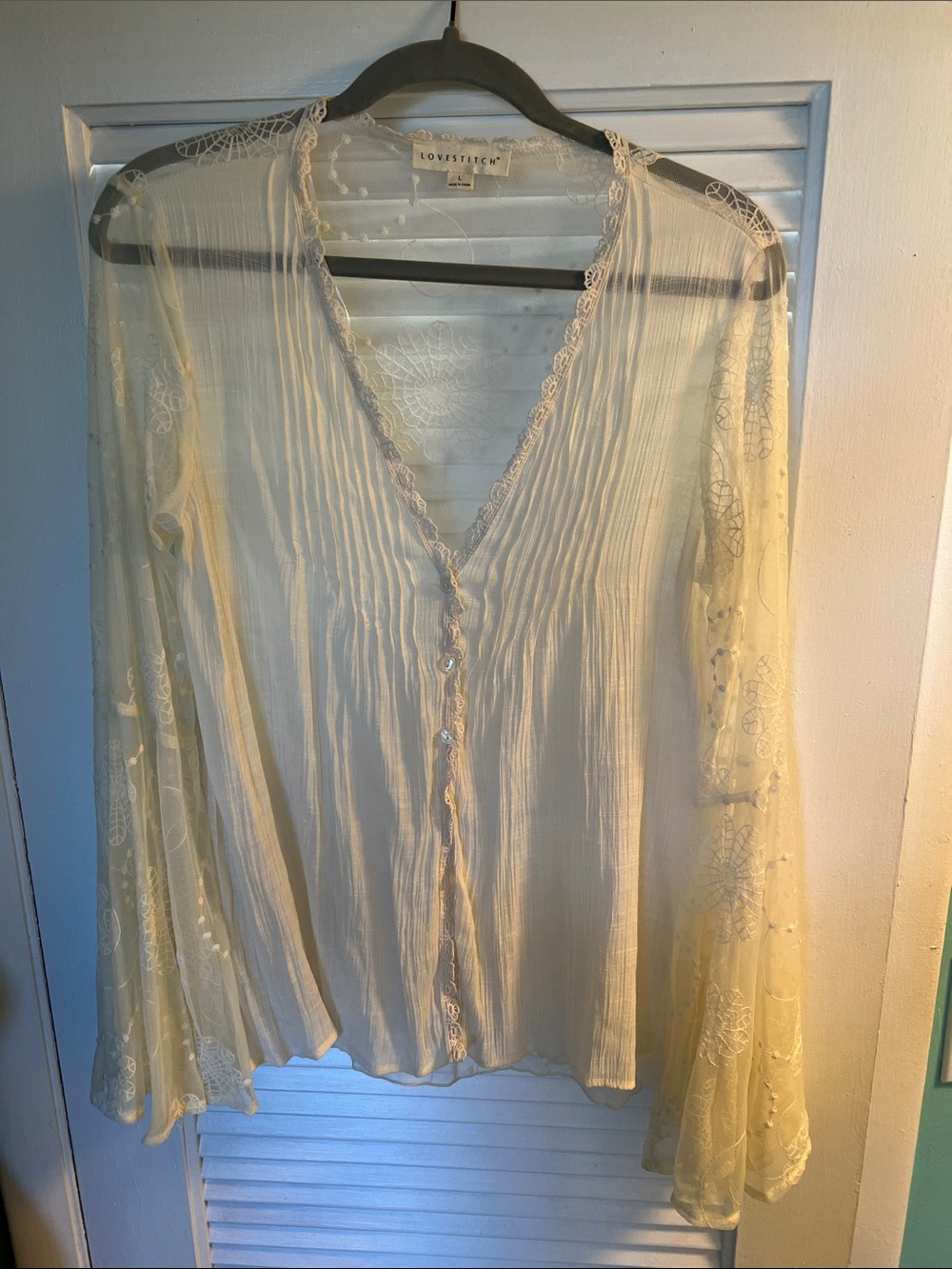 Lovestitch Sheer Lace-Trim Top in Ivory w/ bell sleeves - Picture 7 of 15